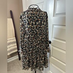 Storia Boho Boxy Black Floral Long Sleeve Dress with Flowy Sleeves High Neck